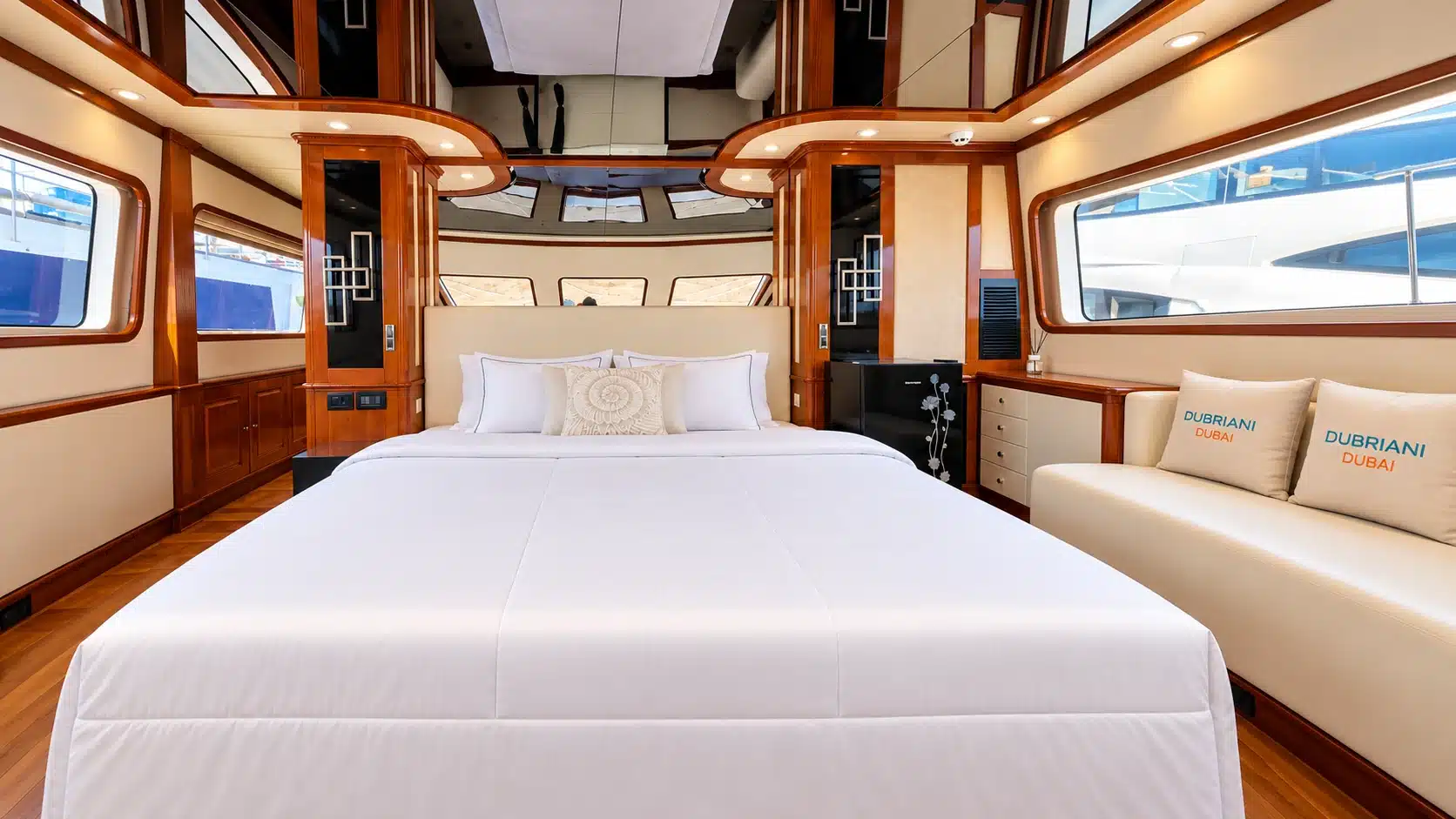 Benetti 120 yacht forward guest cabin bed