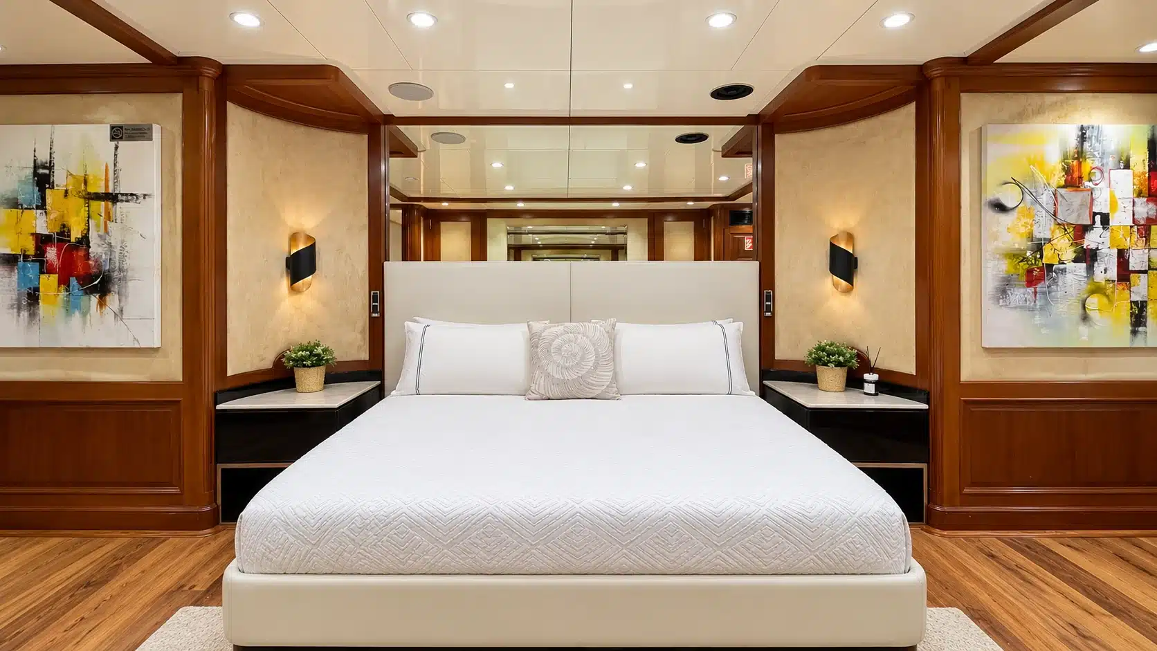 Benetti 120 yacht guest cabin bed and wood interior