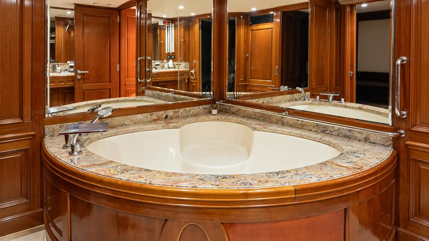 Benetti 120 yacht wood and marble bathroom vanity