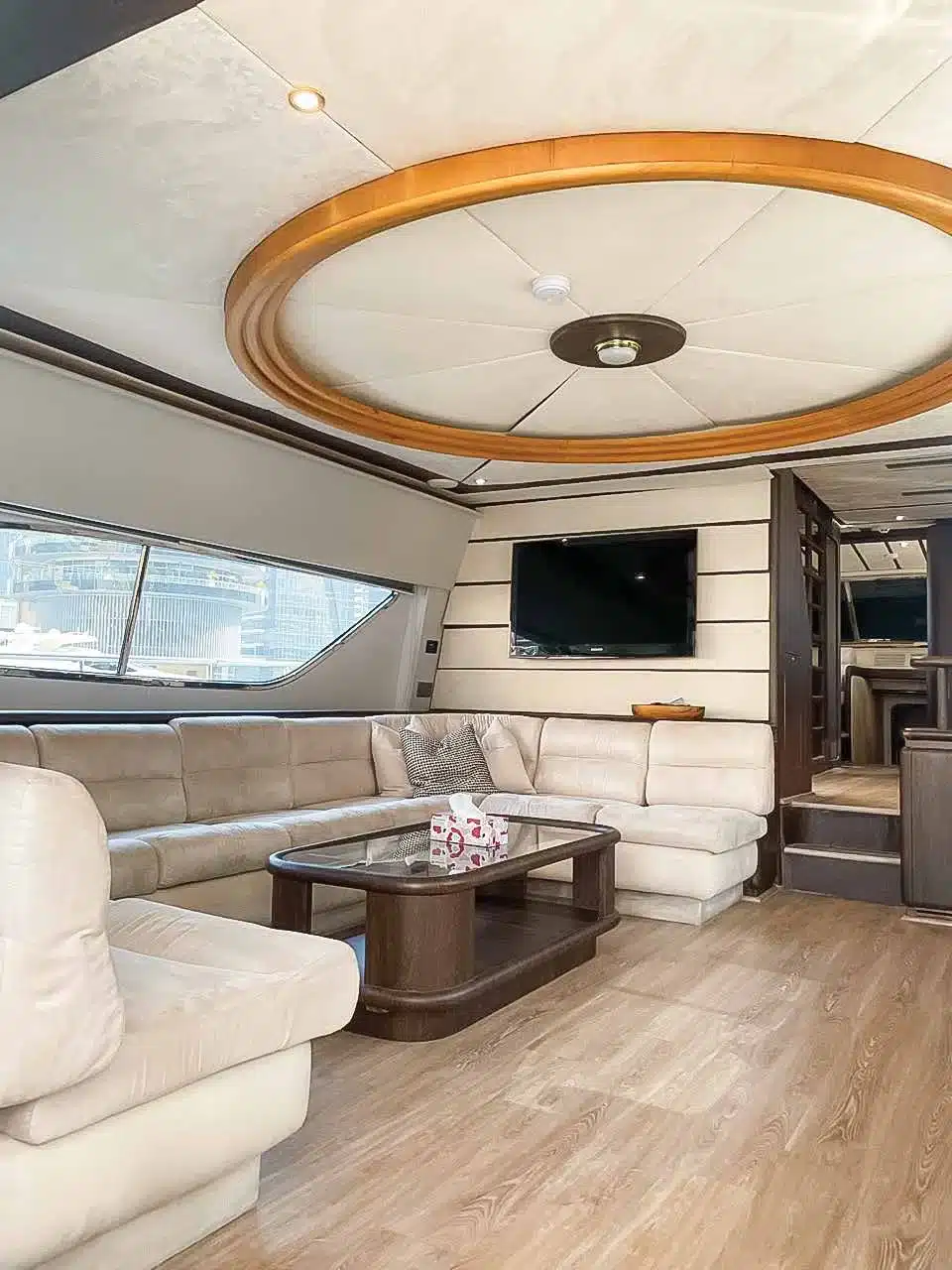 Vivir yacht main salon with lounge seating