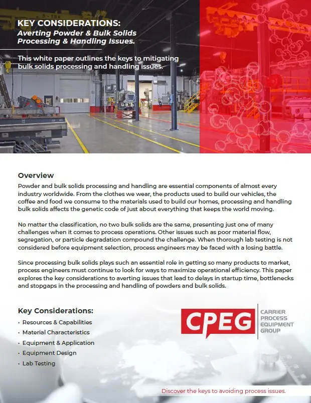 Industrial warehouse hero: bold title 'Key Considerations: Averting Powder & Bulk Solids Processing & Handling Issues' over a factory floor, with a red translucent overlay of molecular graphics on the right and the CPEG logo near the bottom.