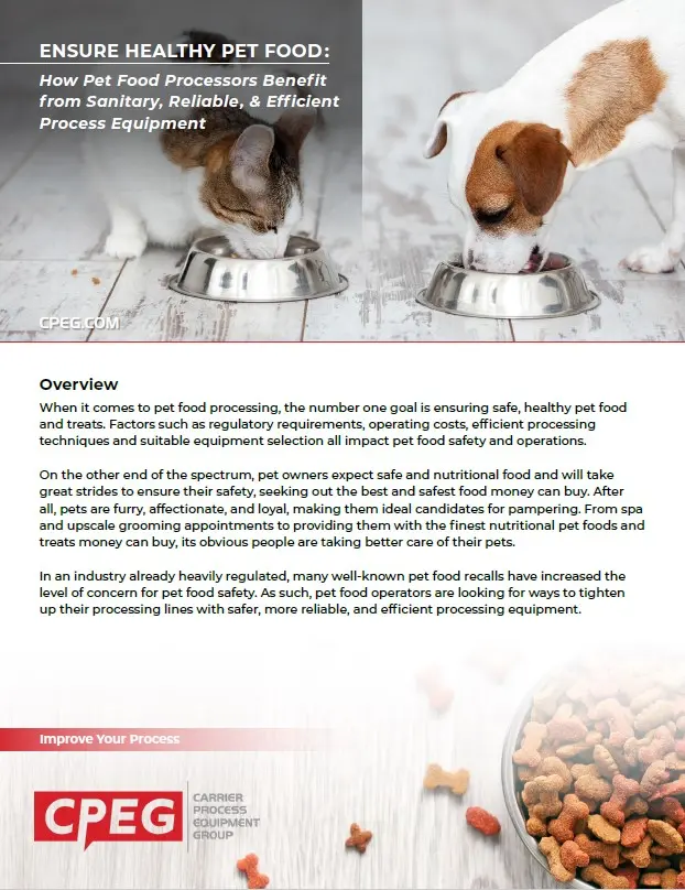 Cat and dog eating from metal bowls on a wooden floor; header reads about healthy pet food with a CPEG logo in corner.