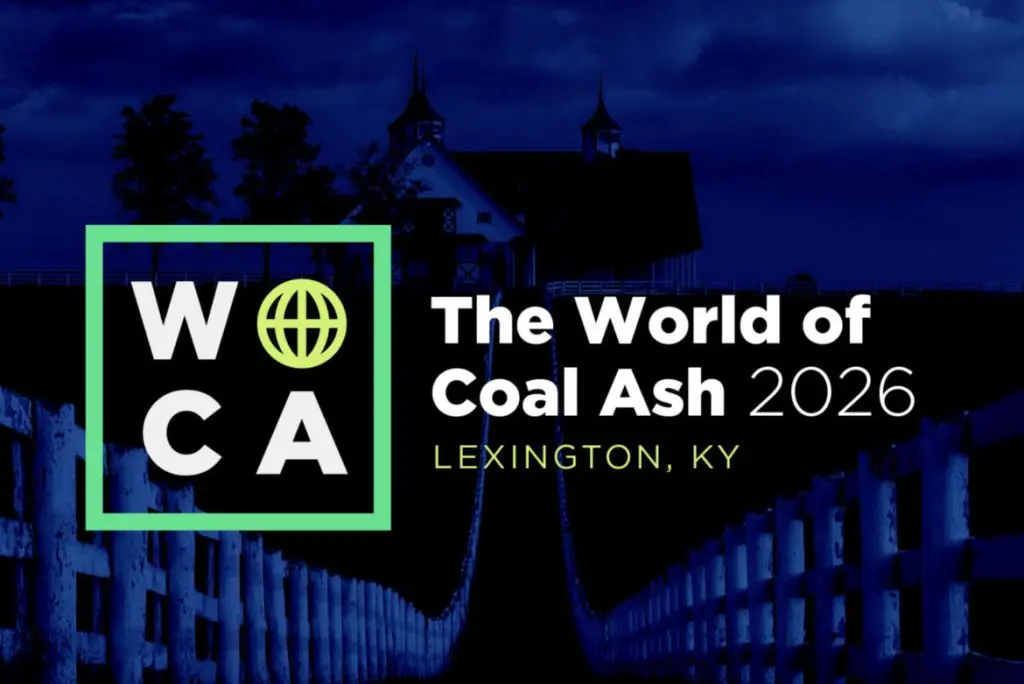 Banner for 'World of Coal Ash 2026' event in Lexington, KY, featuring the WOCA logo in a green square on the left and event text on the right against a dark blue background.