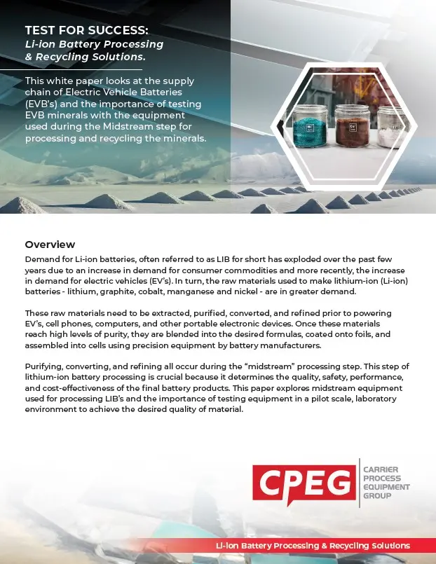 Cover of a brochure about Li-ion battery processing and recycling solutions, with a hexagonal photo of jars and the CPEG logo in the corner.