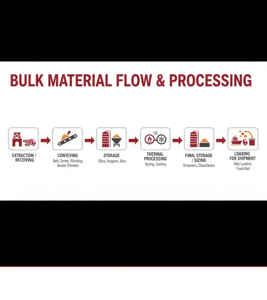 Infographic of bulk material flow: extraction, conveying, storage, thermal processing, final storage, and shipment loading (process diagram).