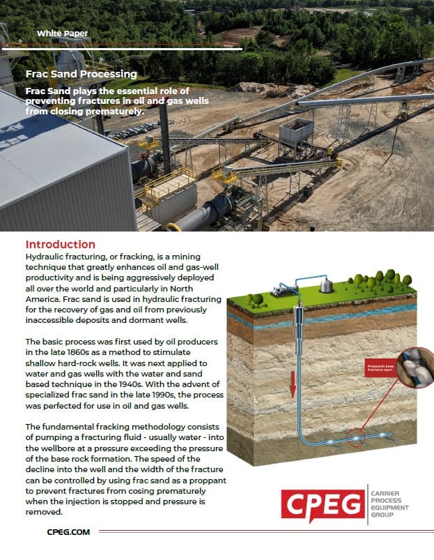 Aerial view of a frac sand processing plant with conveyors and equipment, overlaid with 'Frac Sand Processing' headings.