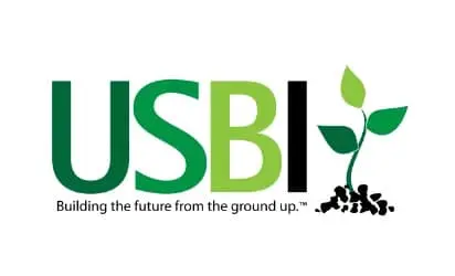 USBI logo with bold green and lime letters and a sprouting plant growing from roots beside the text; tagline reads 'Building the future from the ground up.'