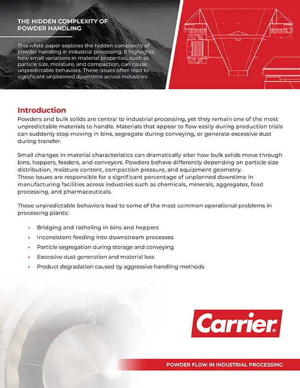 Brochure page about powder handling showing a dark mountain banner, a red technical diagram, introduction text, and Carrier logo at the bottom right.