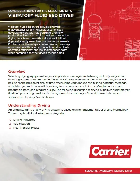 Brochure page about vibrating fluid bed dryers, with red technical schematics on the right and Carrier logo at the bottom right.