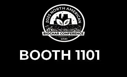 Logo for the 2023 North American Biochar Conference with 'BOOTH 1101' beneath it on a black background.