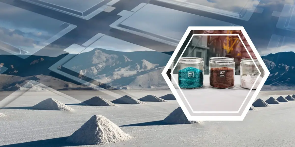 Three jars of blue, brown, and white powders inside a white hexagon graphic over a snowy salt-flat landscape with distant mountains.