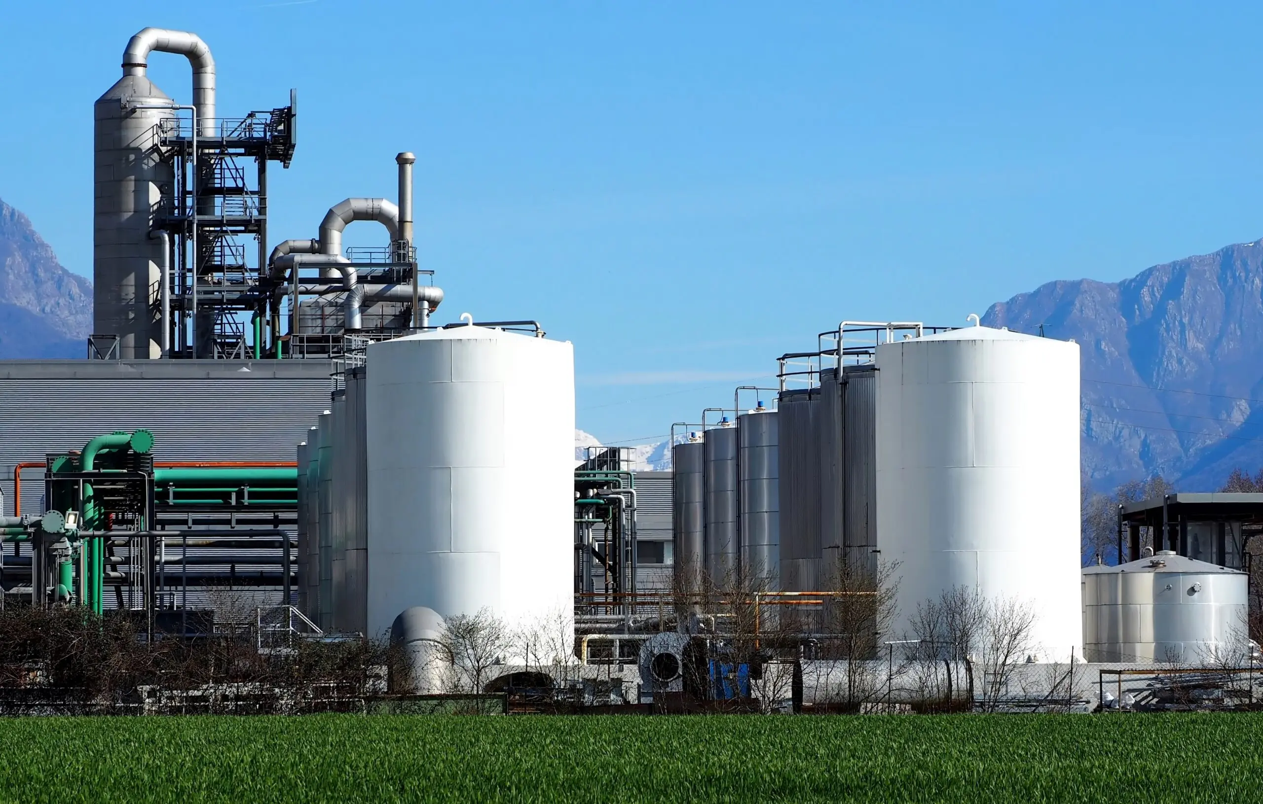 Planta de la industria bioquímica con hileras de silos en la parte delantera.