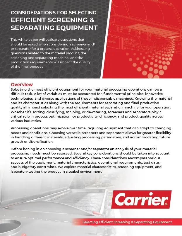 Brochure page titled 'Considerations for Selecting Efficient Screening & Separating Equipment' with Carrier logo and overview paragraph.