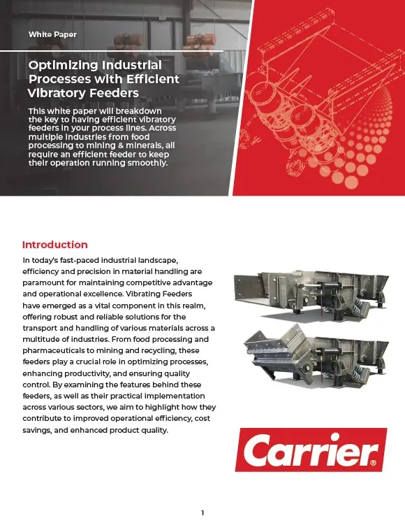 White paper cover on vibratory feeders: industrial scene on left, red schematic graphic on right, title 'Optimizing Industrial Processes with Efficient Vibratory Feeders' and Carrier branding bottom-right.