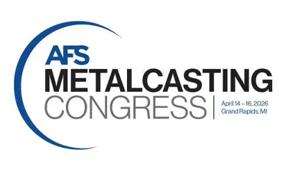 AFS Metalcasting Congress logo featuring a blue crescent and the text 'METALCASTING CONGRESS' with dates April 14–16, 2026 in Grand Rapids, MI.