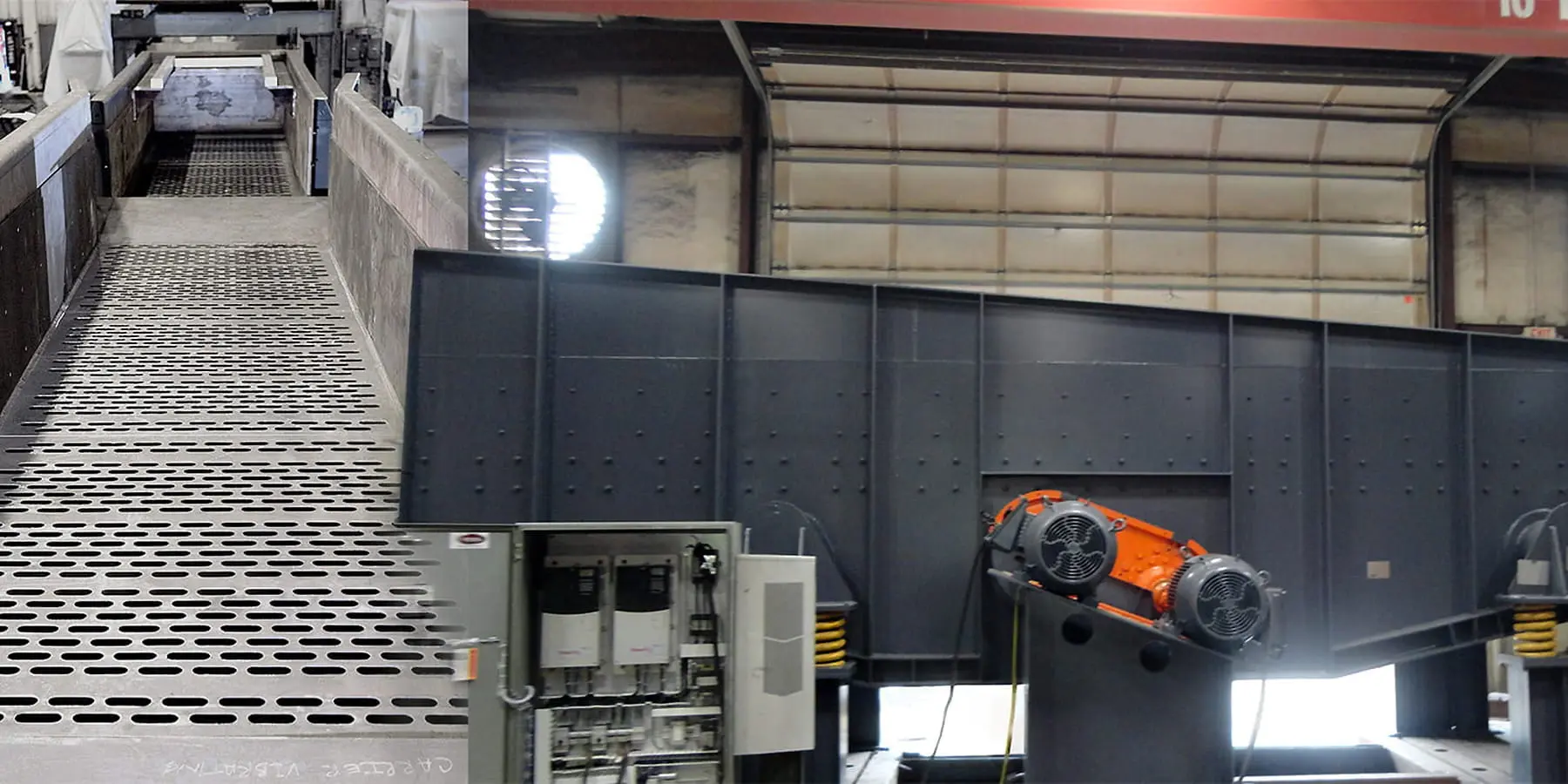 Industrial workshop with a perforated metal walkway and large gray machinery, including orange motor hubs on the right.