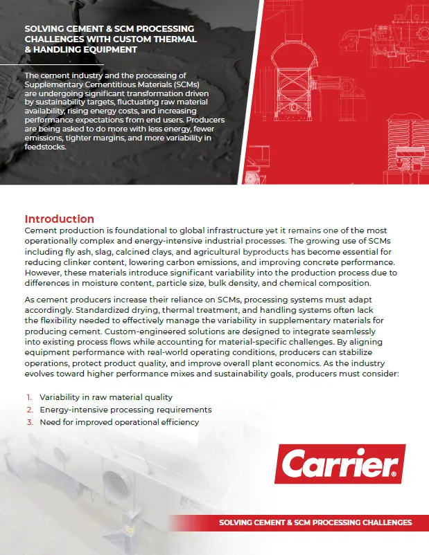 Brochure page featuring a split design: left dark section with the title about solving cement and SCM processing challenges, right red technical drawings, Carrier logo bottom right, and introductory text about cement industry and SCM processing.