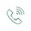 A minimalist line-art telephone handset icon with communication signal waves using a green to teal gradient on a white circular background.