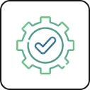 A gear icon with an embedded checkmark represents system optimization and verified settings in a clean modern line-art style.