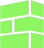 A minimalist icon shows three rows of lime-green interlocking bricks arranged in a curved perspective wall with light gray mortar lines.