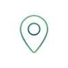 A minimalist line-art location pin icon with a green to teal gradient on a white circular background.