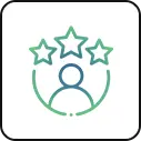 A minimalist blue and green line-art icon showing a person avatar beneath three stars, representing customer experience and reviews.