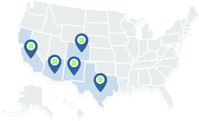 Branded U.S. service map highlights Southwestern states, with location pins indicating Building Blocks Digital's nationwide HVAC and plumbing marketing coverage.
