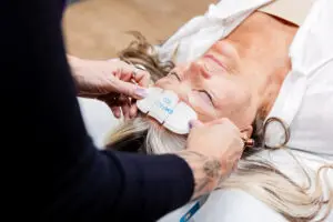 A close-up shot of a woman receiving a non-surgical face lift in Columbus, OH.