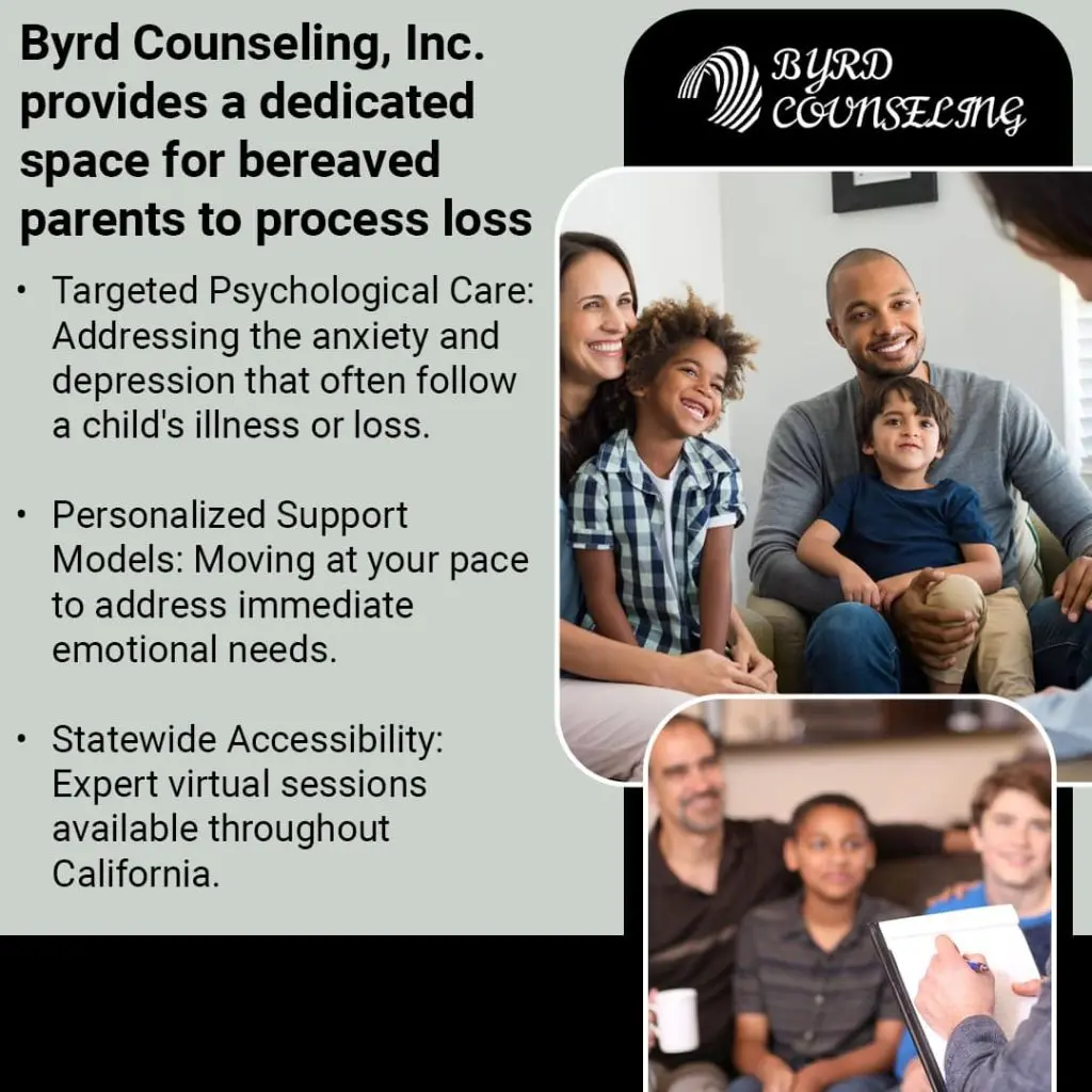 Family attending therapy session for parental bereavement and emotional support counseling