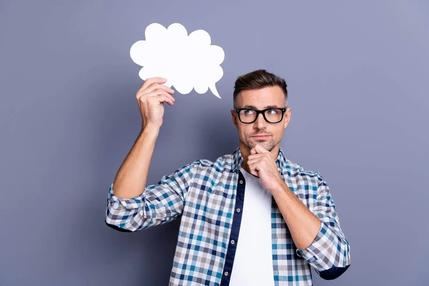 THE VOICE IN OUR HEAD. Photo of man with thought bubble