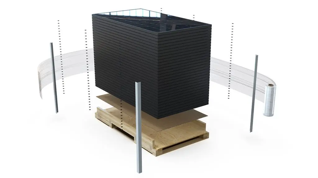 An exploded view of a Solster pallet-based unit load of solar panels.