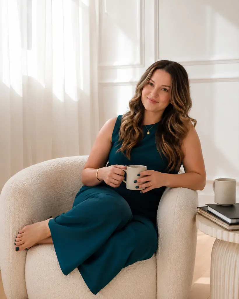 Marybeth Welty, founder of the Freedom Business Society, sitting with a mug in a sunlit room