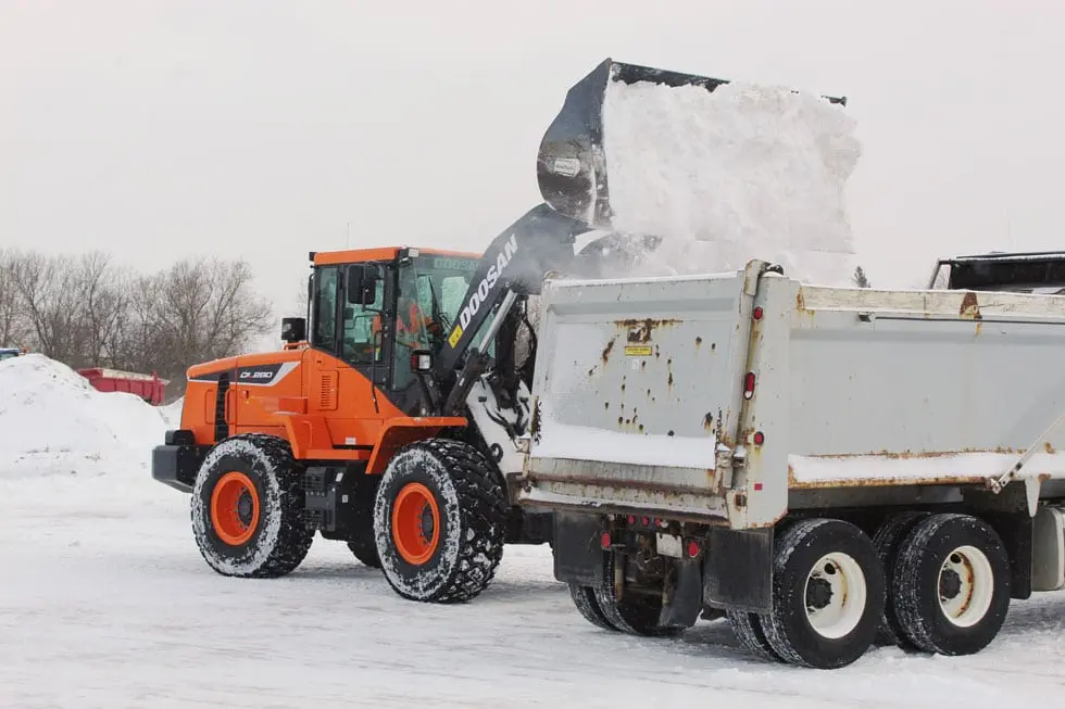 Be Happy loader and dump truck clearing heavy snow in Anchorage