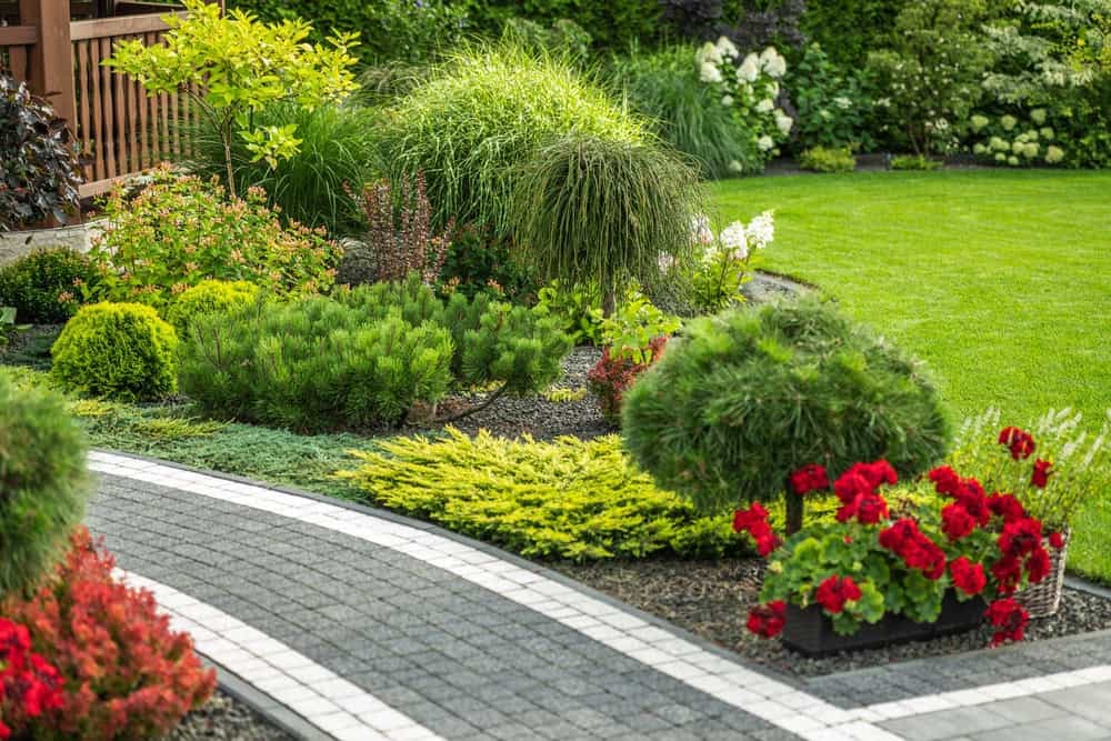 A vibrant garden features neatly arranged flower beds, diverse greenery, and a curved stone pathway under the afternoon sun.