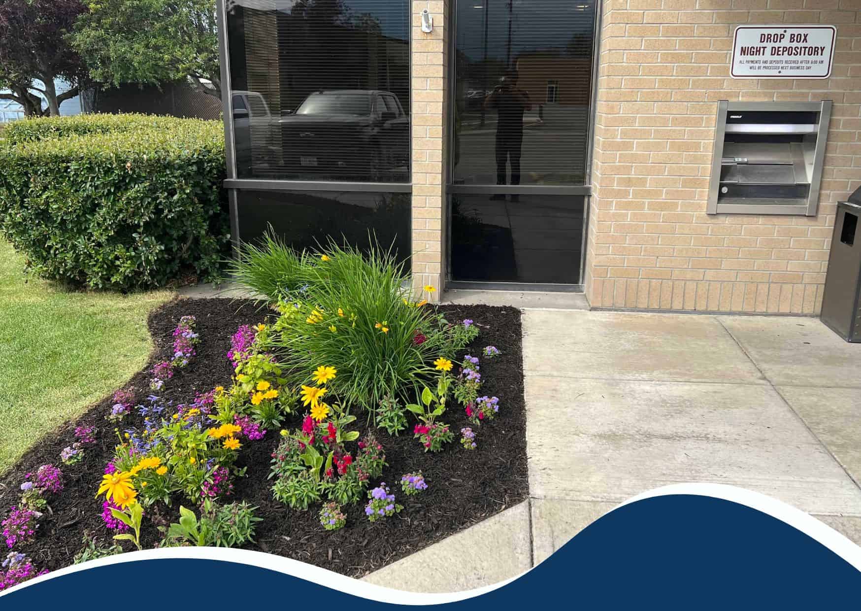 A lush flower bed with colorful blooms outside Be Happy Property Services office.