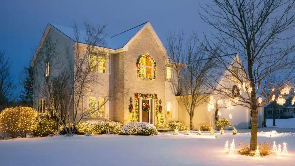 Elegant winter-lit house decorated with holiday lights, surrounded by snow and trees.