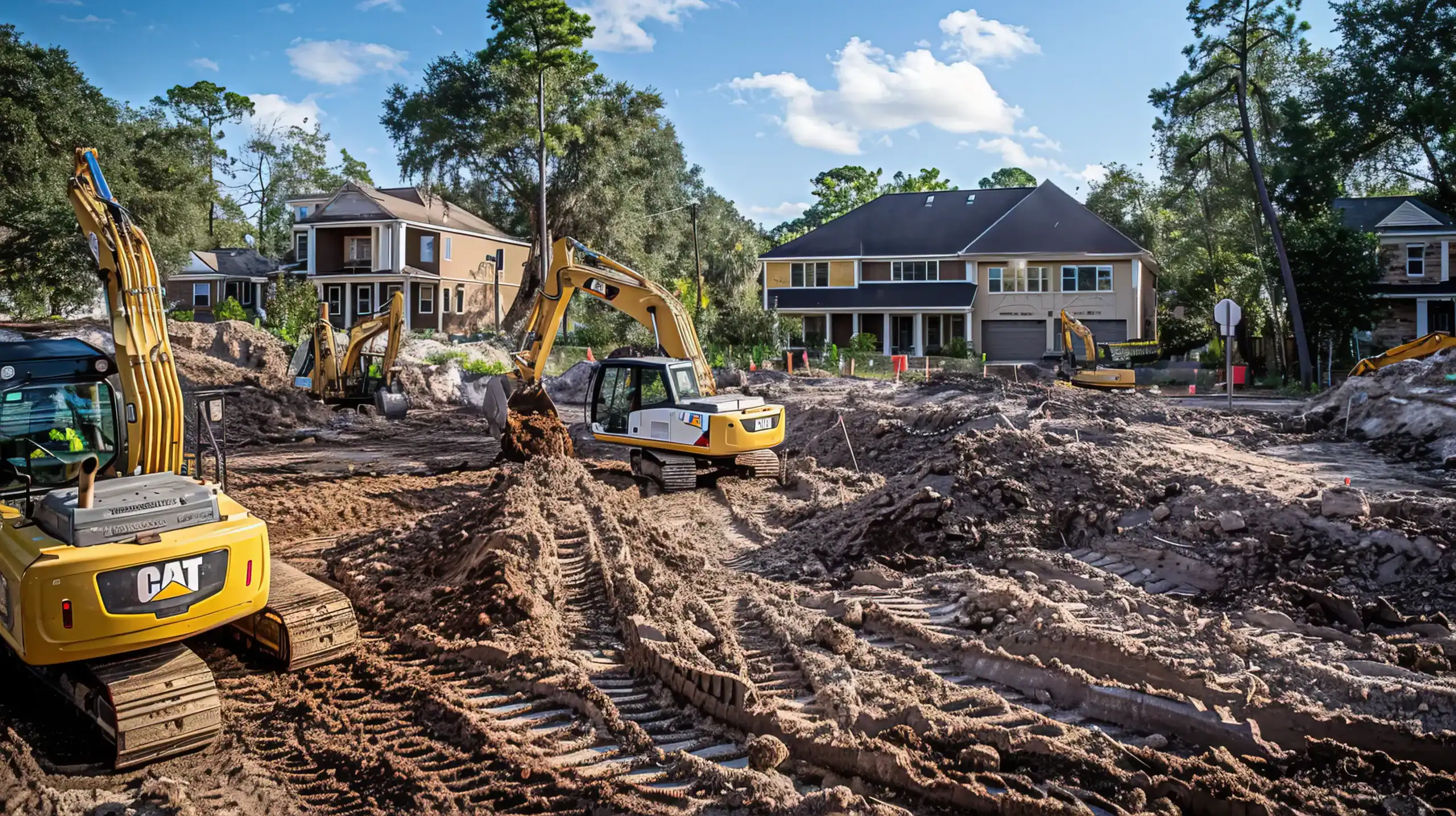 Excavation and construction site preparation for new residential homes in a suburban neighborhood.