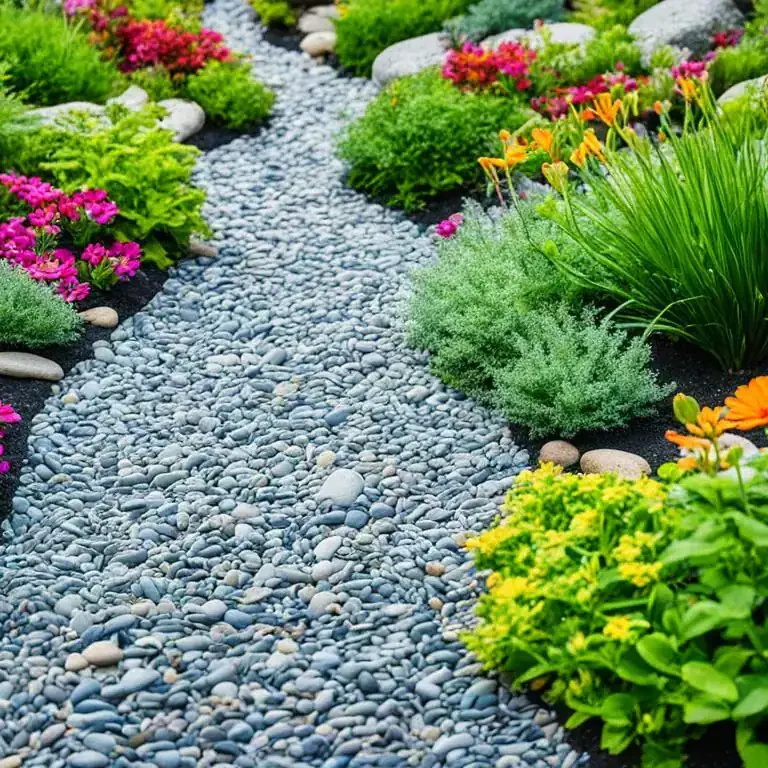 A lush, colorful garden pathway with vibrant flowers and decorative rocks, perfect for outdoor lands.