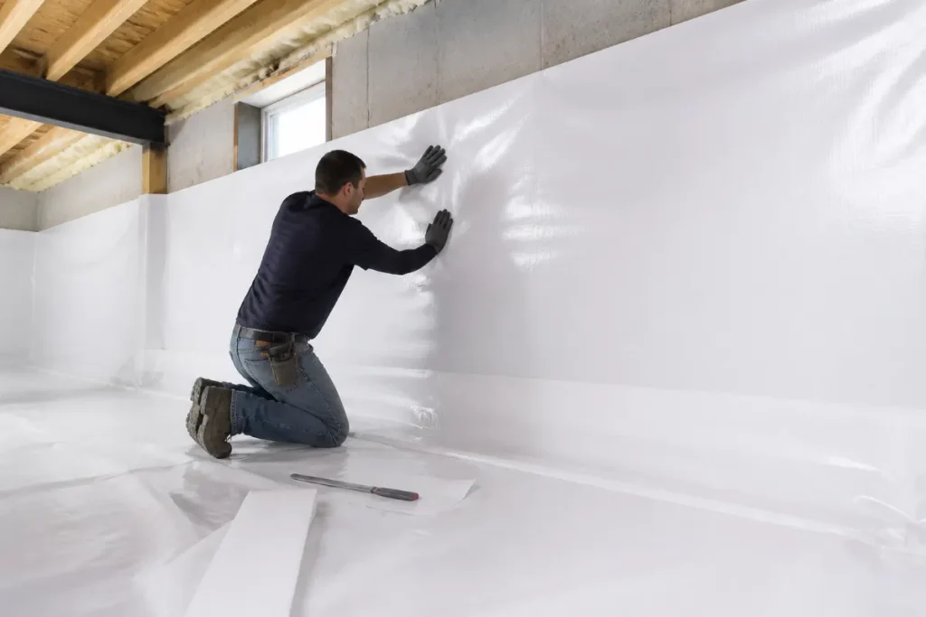 Contractor installing a reinforced basement vapor barrier.