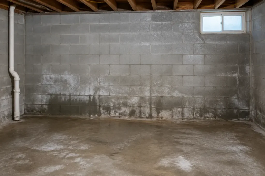 Moisture and efflorescence on an unfinished basement wall.