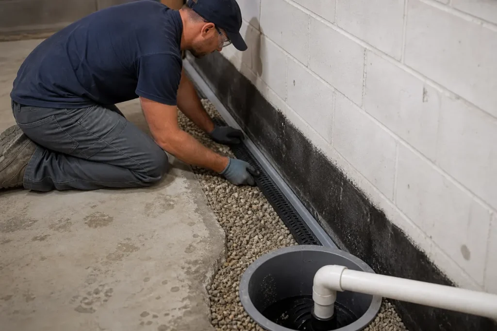 Contractor installing a basement perimeter drainage system.