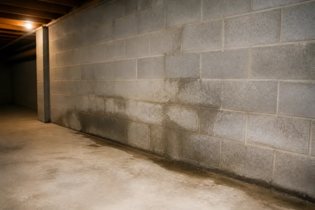 Water staining along a basement wall and floor joint.