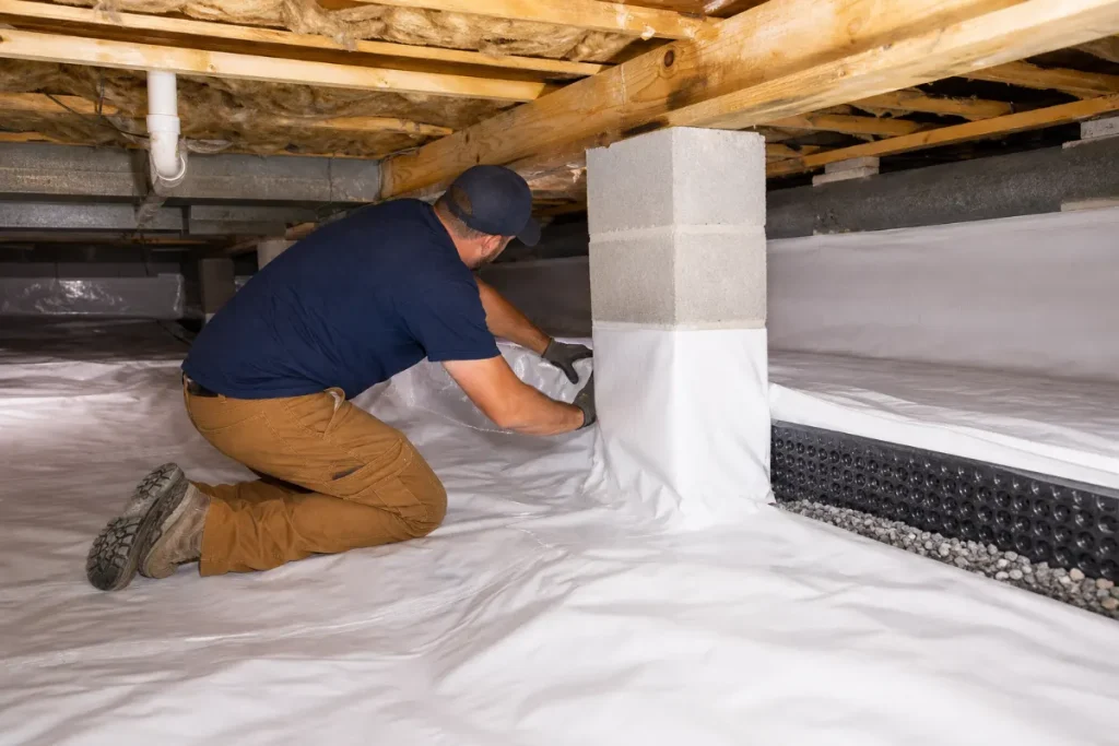 Contractor installing crawl space drainage and a vapor barrier.