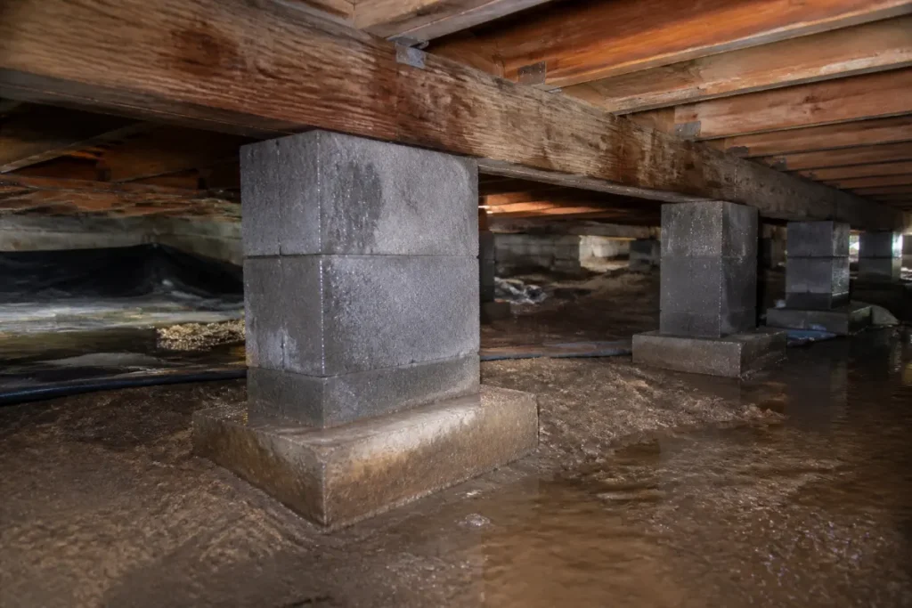 Standing moisture and damp framing in a residential crawl space.