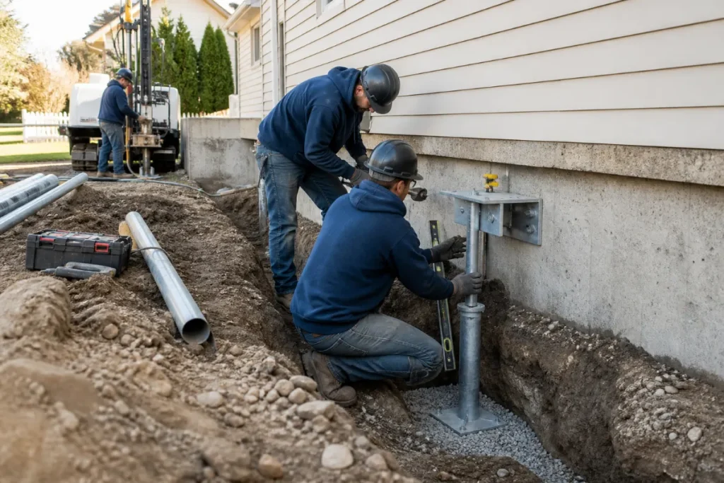 Foundation repair crew installing helical piers at a residential foundation.