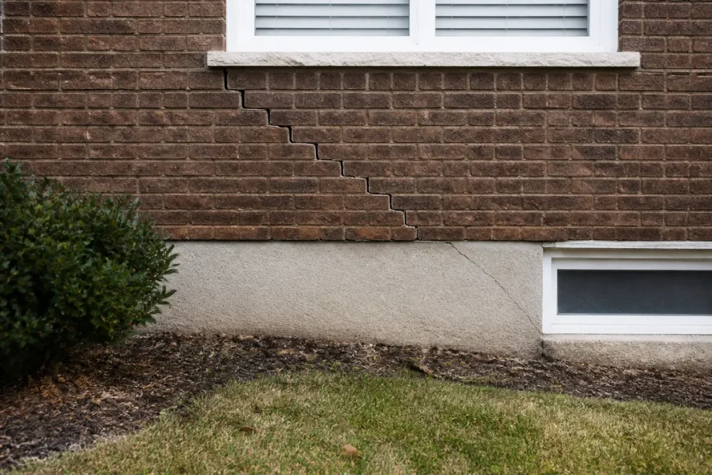 Stair-step cracks in a residential brick foundation.