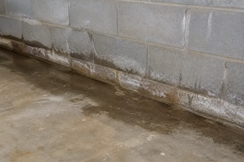 Moisture and mineral deposits along a basement wall-floor joint.