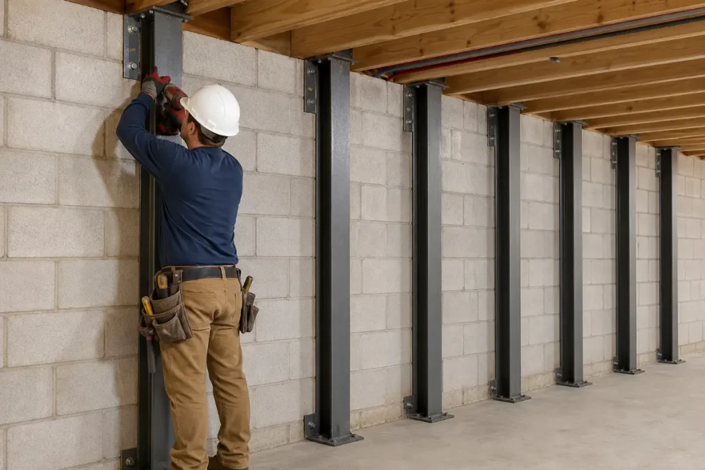Contractor anchoring steel I-beams against a basement wall.