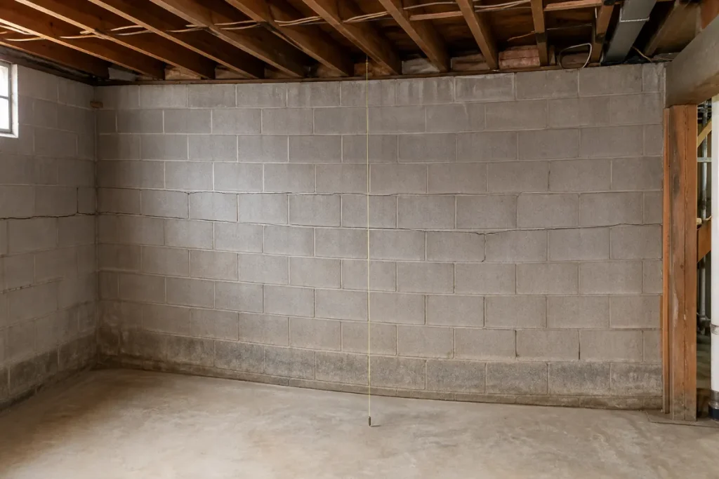 Horizontal cracking and bowing in a basement block wall.