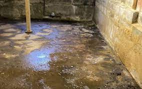 Wet and damaged basement floor showing signs of moisture infiltration, highlighting the need for professional waterproofing services to address water issues.
